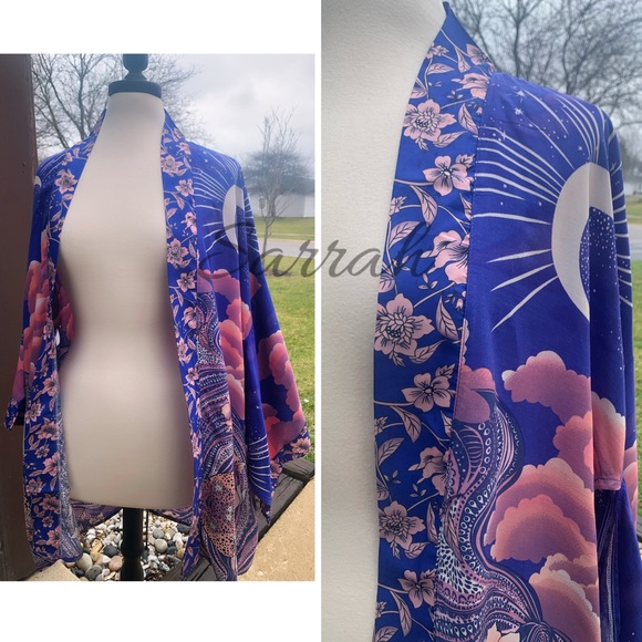 New Bohemian Moon & Stars Mixed Floral Print Kimono Cardigan Jacket Robe - Picture 13 of 17